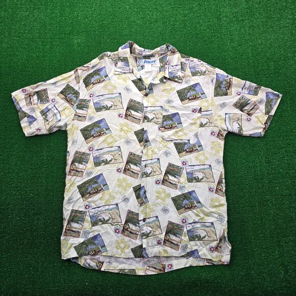 Utility Shirt Mens Medium Button Up Hawaiian Summer‎ Beach Casual Tropical AOP - Picture 1 of 7